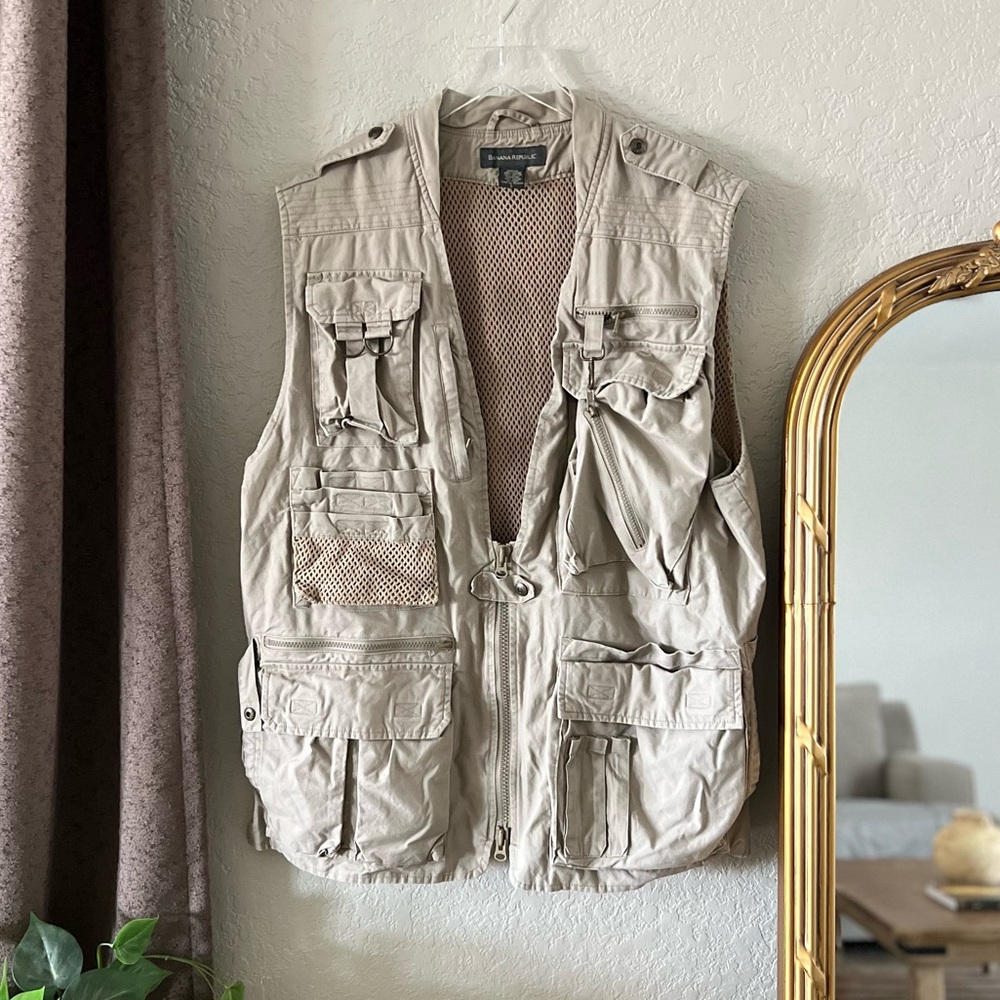 Banana Republic Utility Safari Hunting Fishing Khaki Vest Men's Sz Large